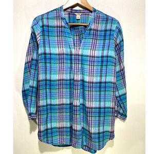 L.L. Bean linen popover shirt colorful plaid beach vacation summer women L
